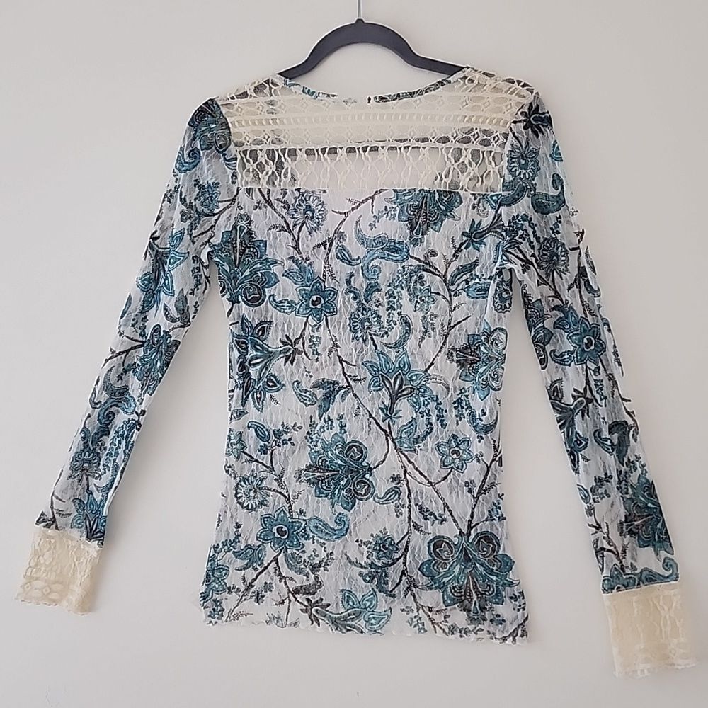 Y2K 90's Blue Floral Semi Sheer Mesh Tulle Beige Lace Trim Fitted Henley Top S E - Picture 9 of 12